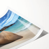 Vibrant landscape print depicting serene beaches with gentle waves and a clear sky, rolled and ready for framing, perfect for coastal-themed decor.