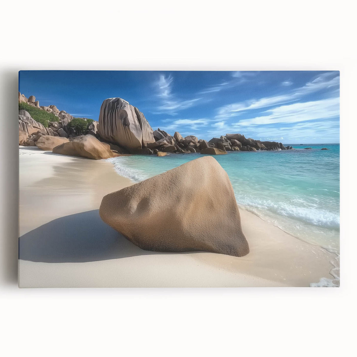 Vibrant stretched canvas artwork depicting a serene beach landscape with colorful skies and gentle waves, ideal for coastal decor and relaxation themes.