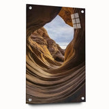Acrylic glass artwork depicting a stunning landscape of canyons, showcasing rich earth tones and intricate details. Ideal for modern home decor with a side view display.