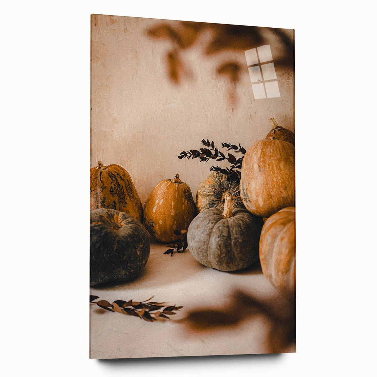 Large abstract wall art depicting fall seasons in orange and brown tones on acrylic glass.