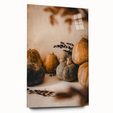 Large abstract wall art depicting fall seasons in orange and brown tones on acrylic glass.