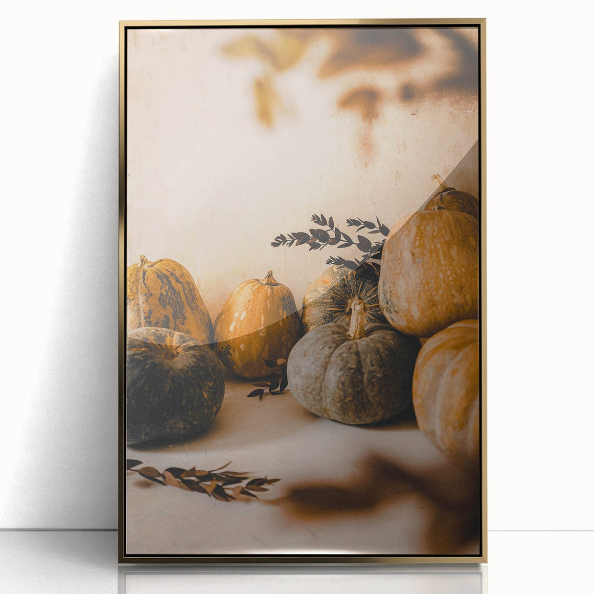Framed acrylic print of a mid-century modernist fall scene with warm gold and orange tones, ideal for nursery wall art.