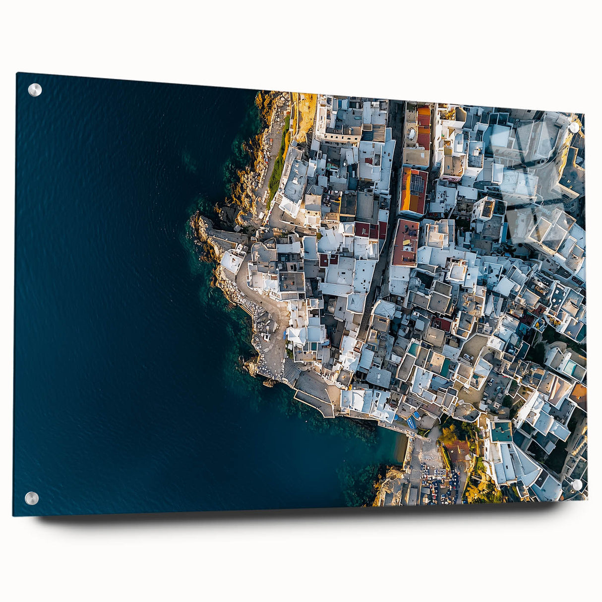 Acrylic landscape wall art depicting dramatic cliffs and vibrant colors, showcasing a side view with decorative pins, ideal for modern home decor.