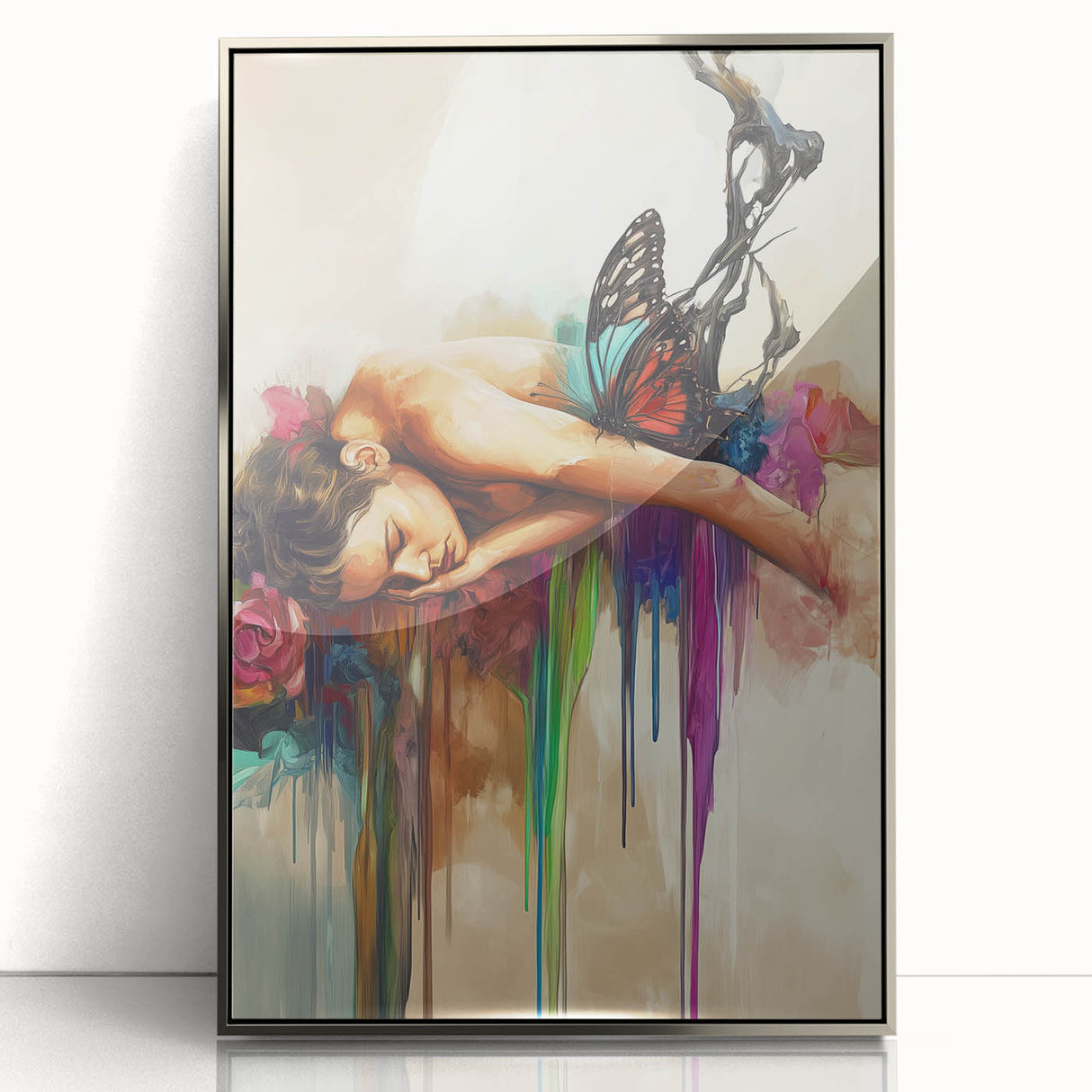 Framed abstract figurative wall art in silver acrylic, showcasing dynamic shapes and vibrant colors, ideal for modern home decor and artistic ambiance.