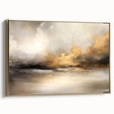 Framed abstract landscape wall art in gold tones, showcasing a modern design with intricate textures and layers, perfect for contemporary home decor.