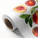 Art deco poster featuring an array of vibrant fruits on a rolled canvas, suitable as nursery wall art or in a dining room.