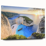 Acrylic glass artwork showcasing a vibrant beach landscape design with colorful pins, side view highlighting its glossy finish and detailed textures, ideal for beach-themed decor.