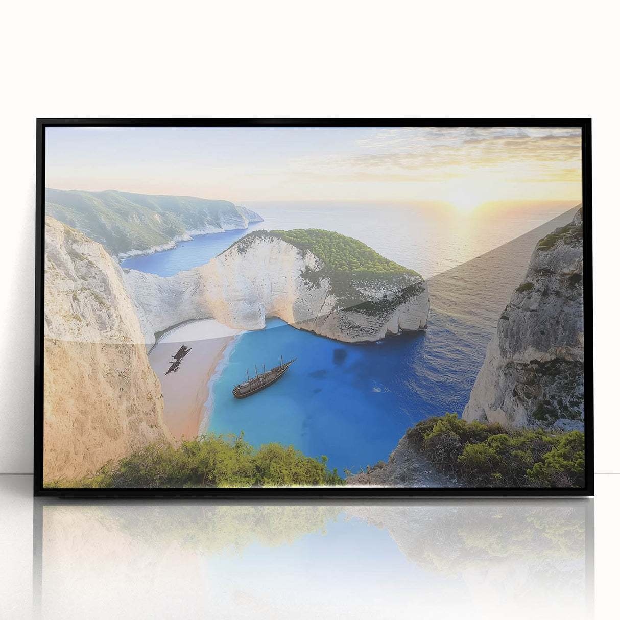 Framed acrylic wall art depicting a serene beach landscape with vibrant colors, ideal for home decor. The black frame adds a modern touch to the coastal scene.