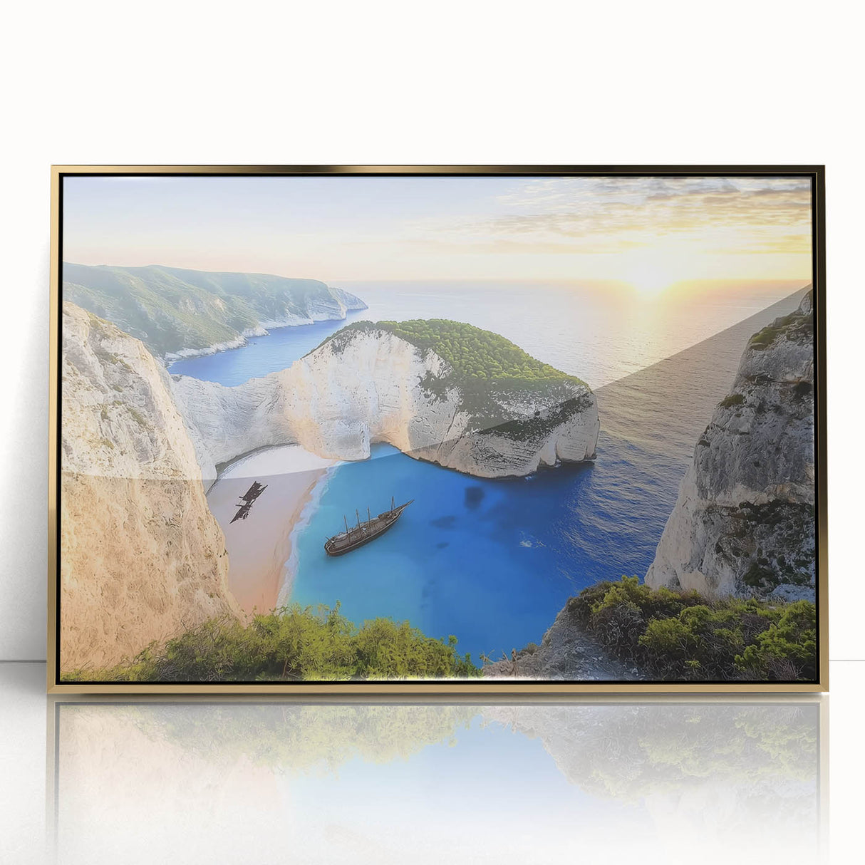 Framed acrylic wall art displaying a serene beach landscape with golden hues, ideal for coastal-themed decor in living rooms or offices, enhancing tranquility.