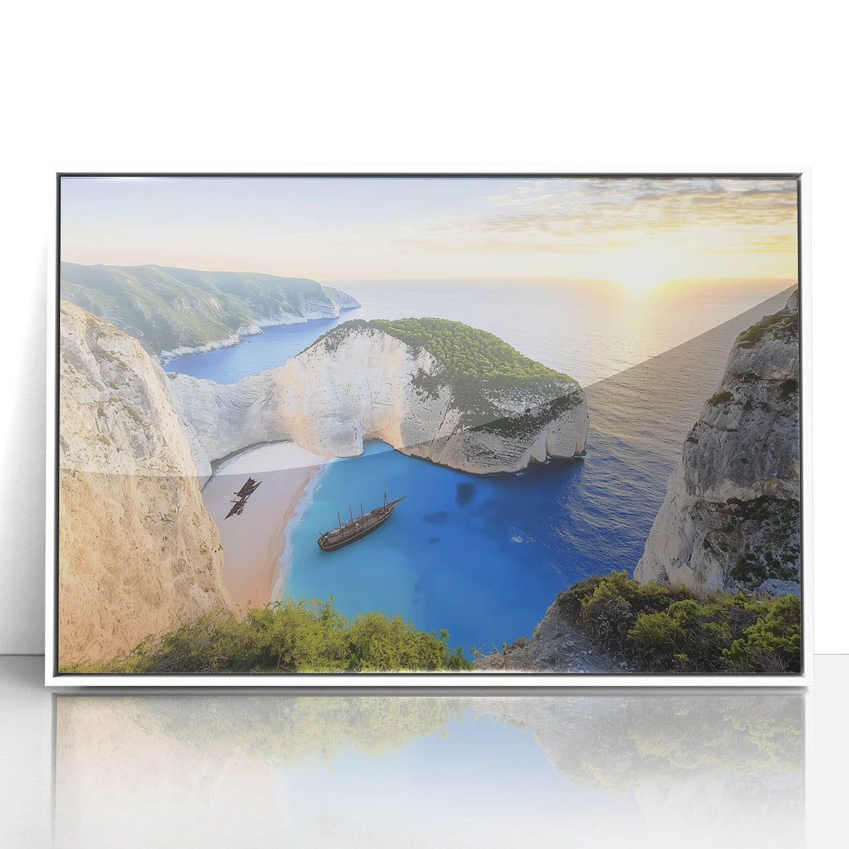 Framed acrylic landscape artwork showcasing serene beaches with white accents, perfect for home decor. Ideal for coastal-themed interiors, enhancing ambiance.
