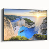 Framed canvas artwork of a serene beach landscape with vibrant colors, showcased from a black side view, ideal for enhancing home decor with a coastal theme.