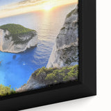 Close-up of a framed landscape canvas showcasing a serene beach scene with vibrant colors, perfect for coastal home decor and adding a tranquil vibe to interiors.