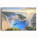 Stretched canvas artwork depicting a vibrant beach landscape, showcasing soft sand, gentle waves, and a colorful sunset. Perfect for coastal home decor or beach-themed interiors.