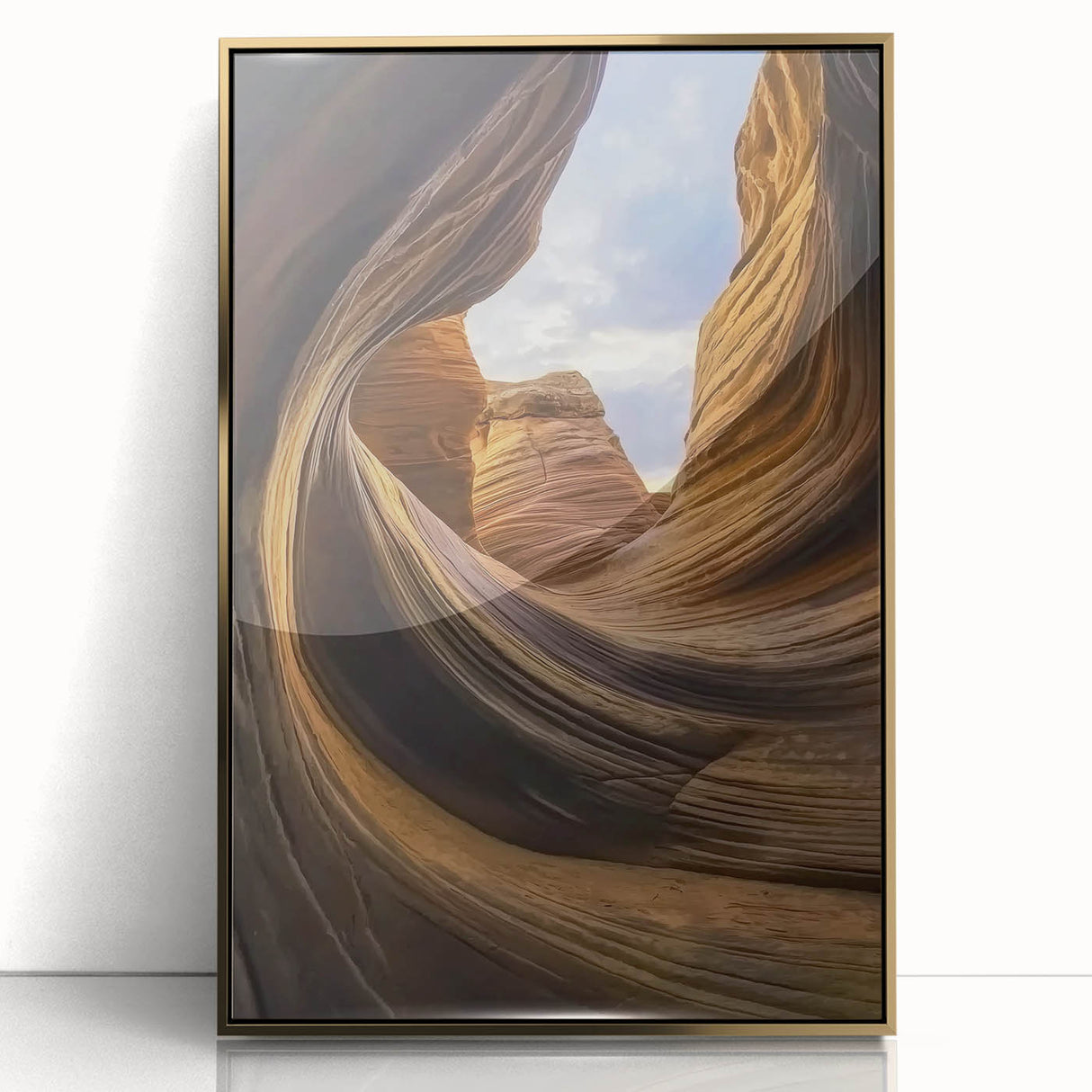 Framed acrylic artwork depicting a stunning landscape of canyons with golden accents, showcasing vibrant colors and intricate details, perfect for modern decor.