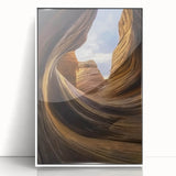 Framed acrylic landscape artwork depicting vibrant canyons in rich earth tones, showcasing intricate details, ideal for modern home decor.