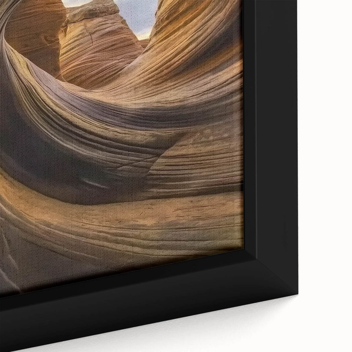 Close-up of a framed canvas artwork depicting vibrant canyons in rich earth tones, showcasing intricate textures and details, ideal for modern home decor.