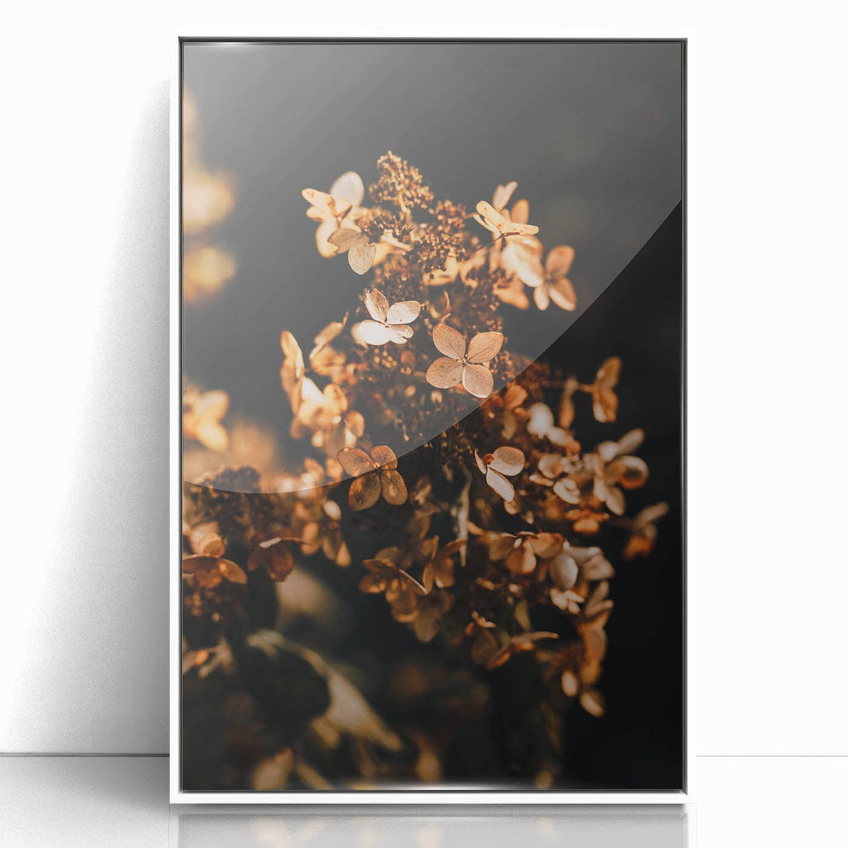 Art deco poster of a stylized fall scene with orange and brown hues on a white acrylic framed canvas.