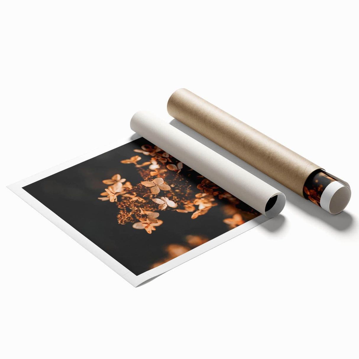 Extra large rolled print depicting fall foliage in muted orange and brown tones.