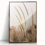 Large art print featuring a mid-century modernist abstract design in gold and white tones on acrylic.
