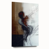 Abstract figurative acrylic artwork displayed in a glass frame, showcasing vibrant colors and dynamic shapes. Ideal for modern decor and artistic settings.
