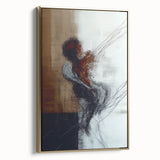 Abstract figurative framed canvas artwork with a gold frame, showcasing vibrant colors and dynamic shapes, perfect for enhancing modern interior decor.