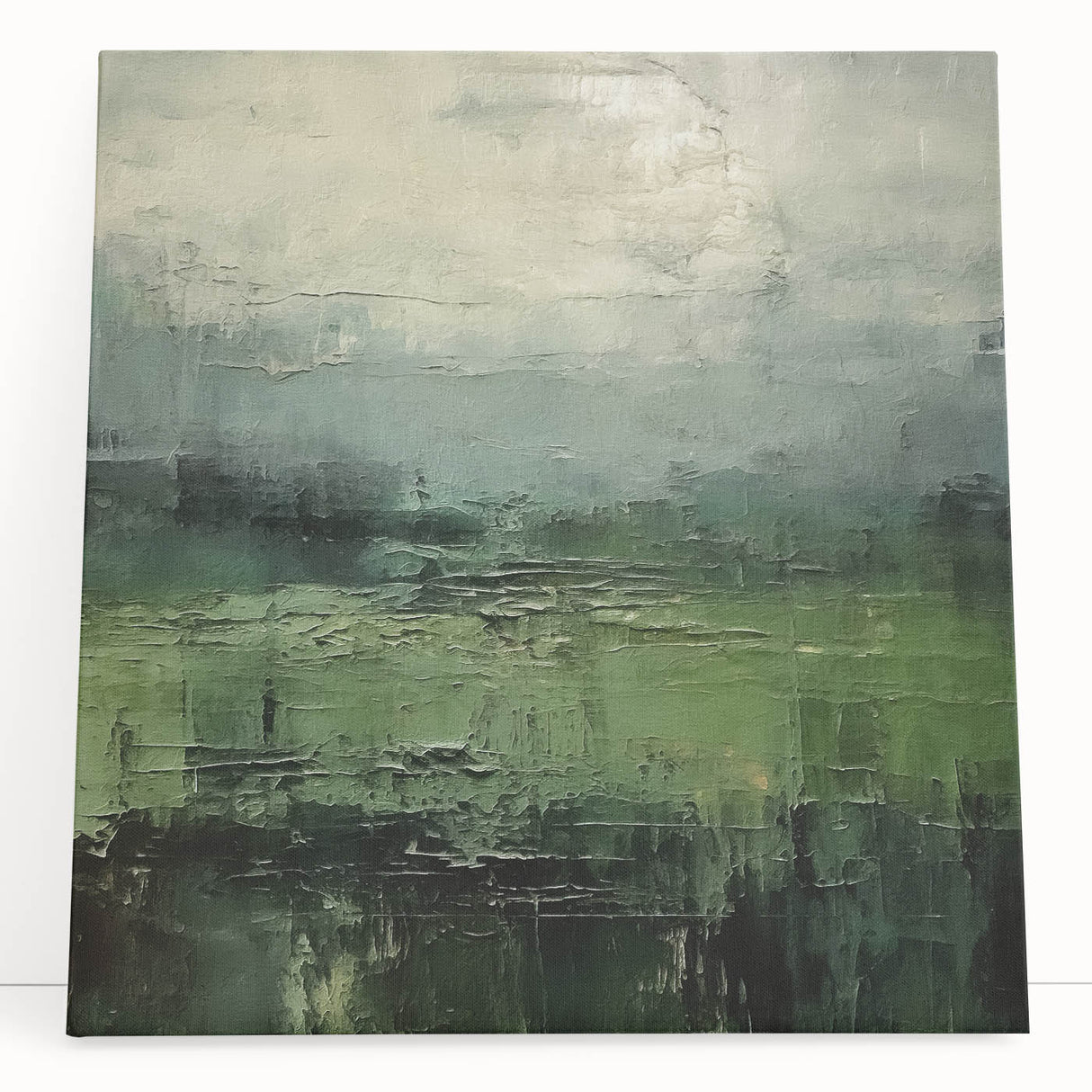 Abstract landscape wall art on a stretched canvas, showcasing vibrant blues and greens with a textured finish, leaning against a neutral wall, perfect for modern home decor.