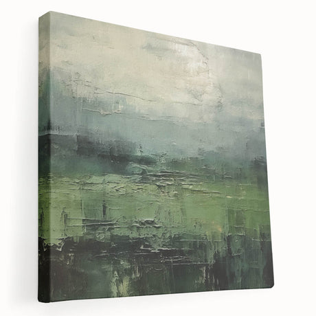 Abstract landscape wall art on stretched canvas, showcasing vibrant colors and fluid shapes. Side view highlights the depth and texture, perfect for modern decor.
