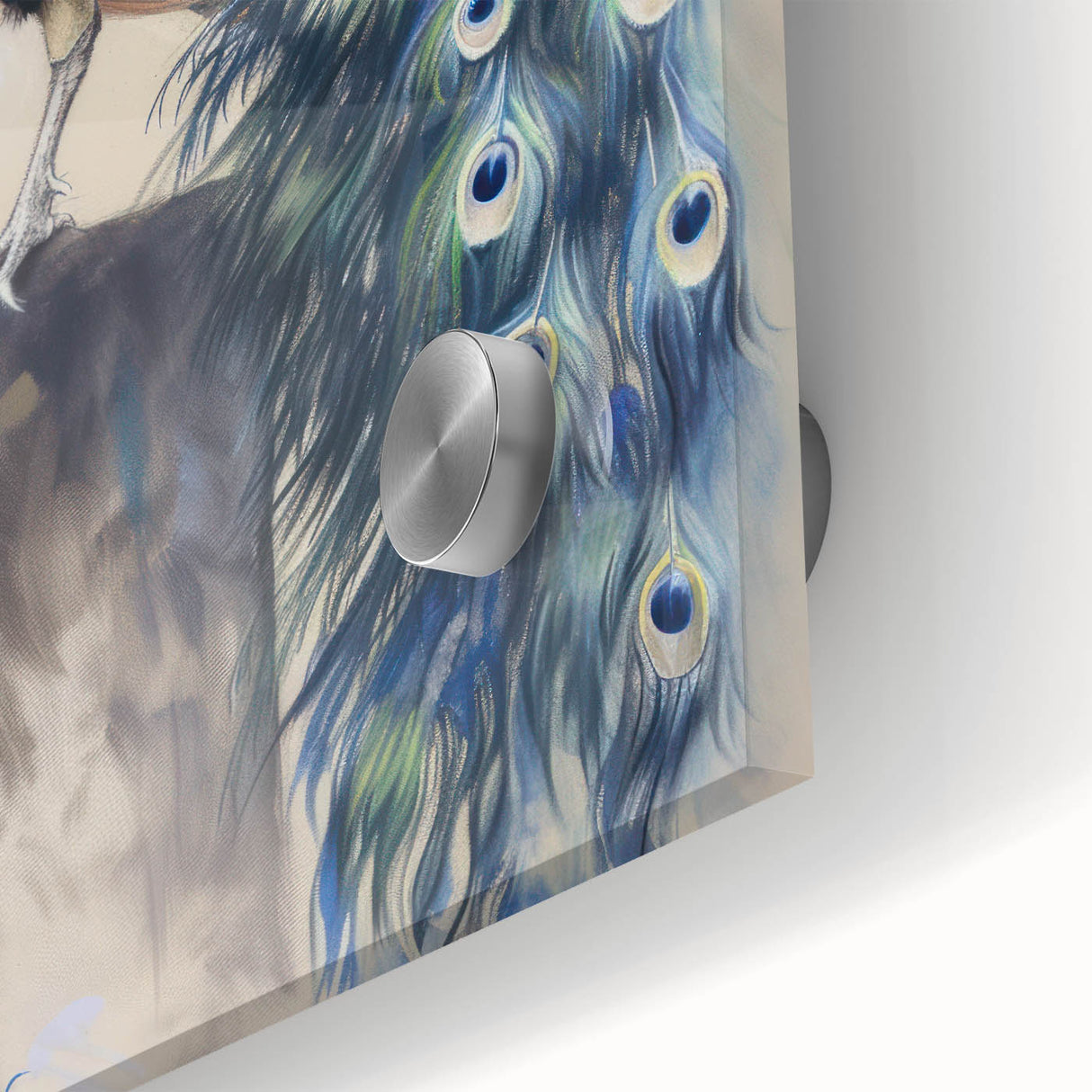Close-up of an acrylic glass artwork featuring a vibrant design of various animals, showcasing intricate details and rich colors, perfect for nature enthusiasts.