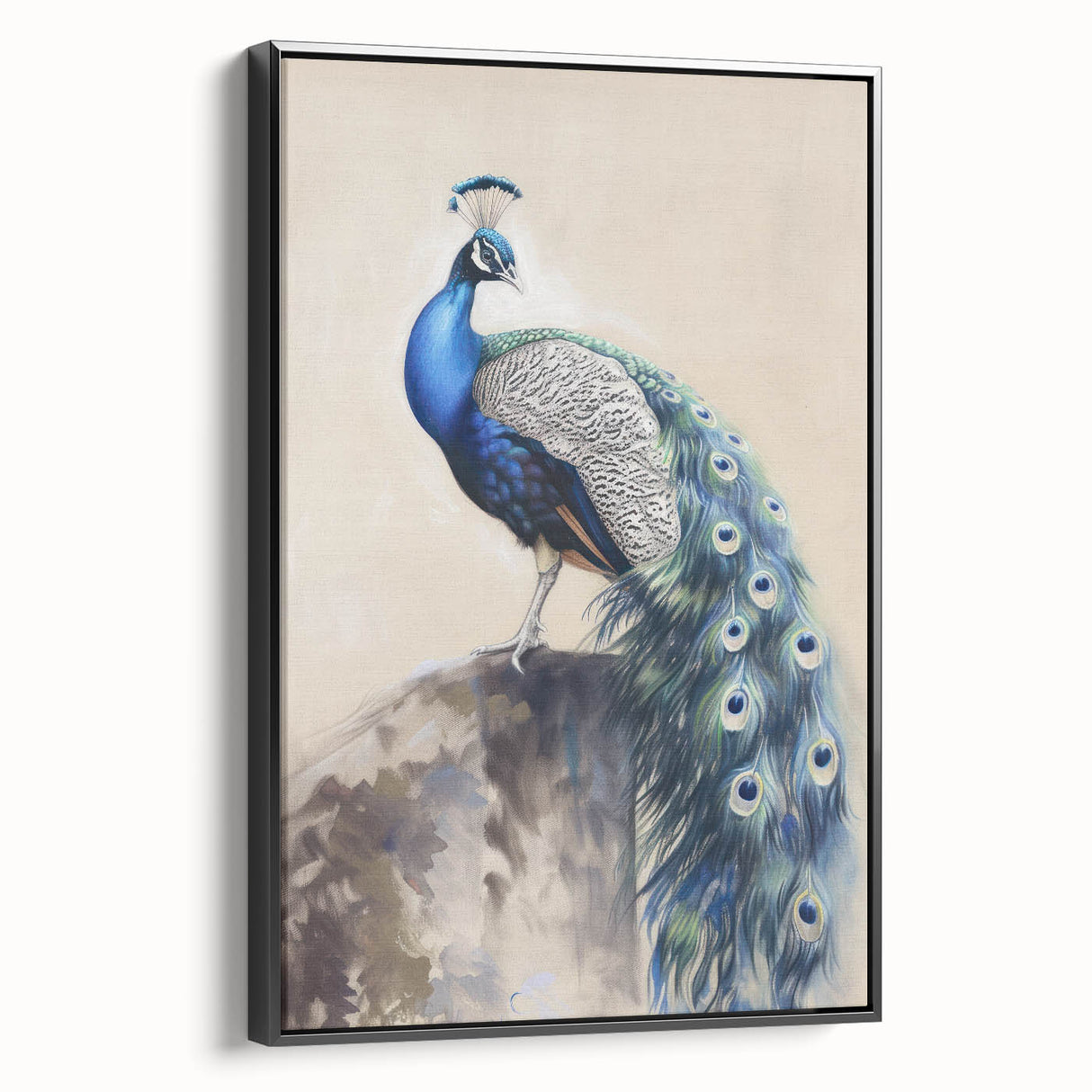 Framed canvas artwork showcasing a vibrant animal design on a black background, viewed from the side, highlighting its sleek edges and modern aesthetic. Perfect for adding a touch of contemporary wildlife decor to any space.