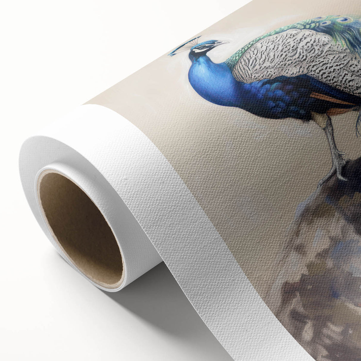 Rolled canvas showcasing vibrant animal illustrations in a colorful design, elegantly packaged in a durable cardboard tube for safe transport and display.