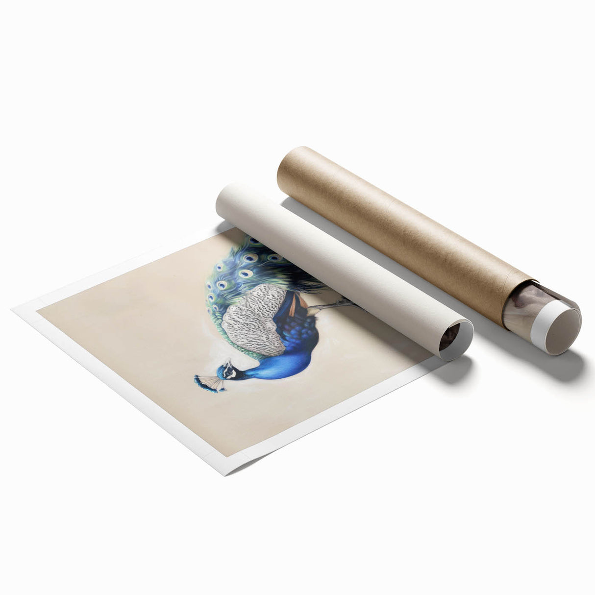 Rolled canvas print showcasing vibrant animal illustrations in a colorful, artistic design, packaged securely in a sturdy tube for safe shipping and storage.