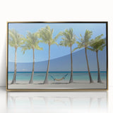 Framed acrylic artwork showcasing a vibrant beach landscape with golden accents, perfect for enhancing home decor and creating a tranquil atmosphere. The design highlights serene waves and sandy shores, ideal for beach lovers.