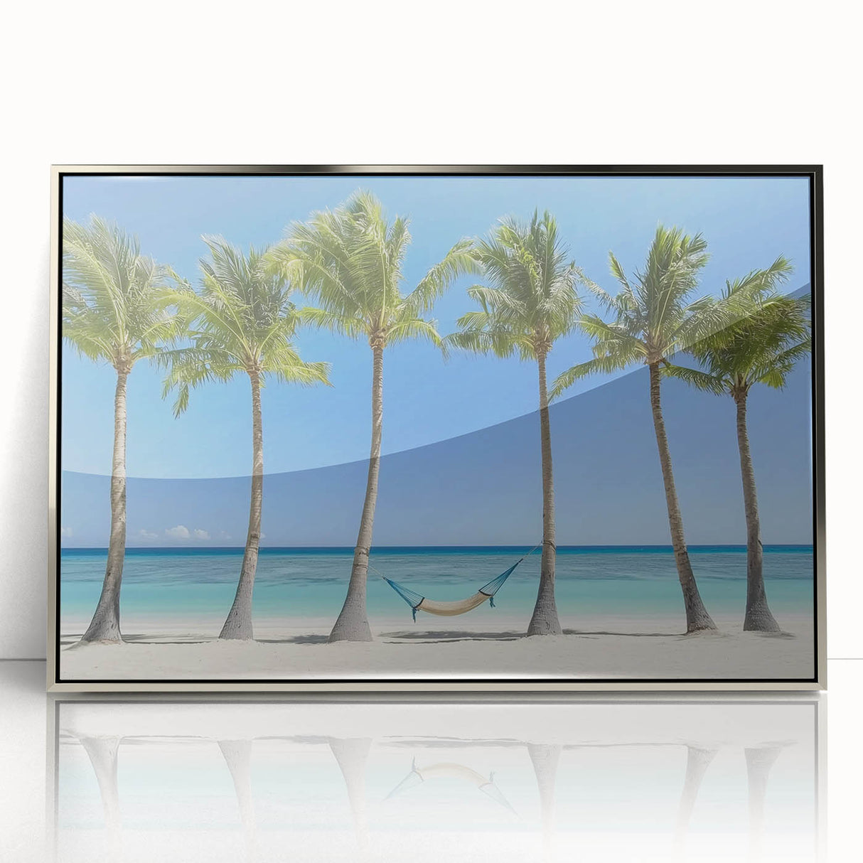 Framed acrylic artwork showcasing a serene beach landscape with vibrant colors and intricate details, ideal for home decor and beach-themed interiors.