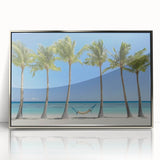 Framed acrylic artwork showcasing a serene beach landscape with vibrant colors and intricate details, ideal for home decor and beach-themed interiors.