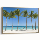 Framed canvas artwork showcasing a vibrant beach landscape with golden tones, ideal for home decor. Side view highlights the elegant frame and textured finish. Perfect for coastal-themed interiors.