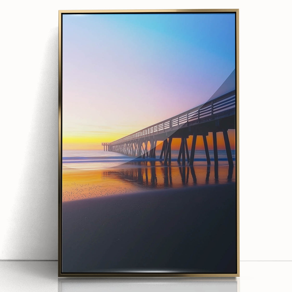 Elegant framed landscape artwork featuring a golden bridge design, set against a serene background, ideal for home decor and enhancing interior aesthetics.
