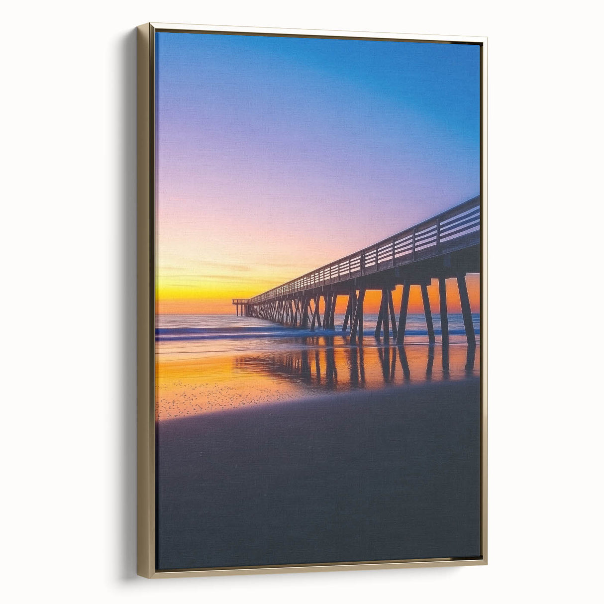 Framed canvas artwork showcasing a stunning landscape bridge in gold tones, highlighting intricate details and elegant design, perfect for modern home decor.