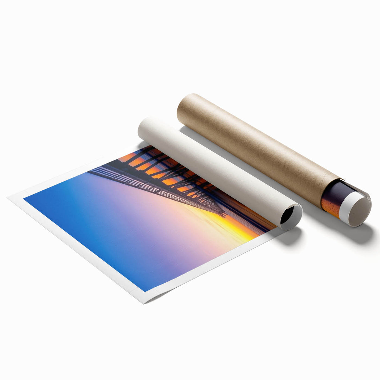 Rolled print showcasing a detailed landscape bridge design, featuring vibrant colors and intricate textures, securely packaged in a protective cardboard tube for shipping.