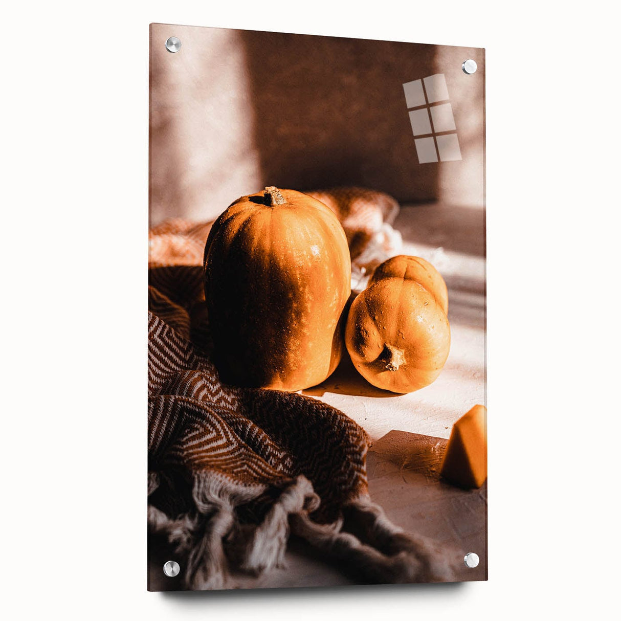Large abstract wall art depicting fall seasons in muted earth tones on acrylic glass.