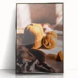 Mid-century modernist art depicting autumn trees in orange and brown tones, framed acrylic print.