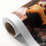 Art deco poster of autumn leaves in orange and brown tones on rolled canvas, ideal for nursery wall decor.