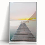 Art deco poster of a stylized summer scene in soft pastel colors, framed in white acrylic, ideal for nursery wall art.