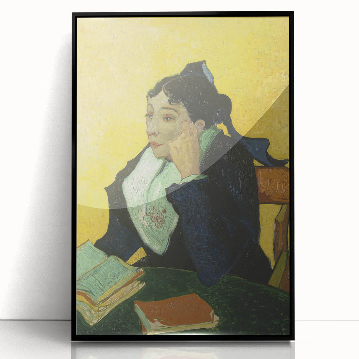 Large abstract wall art featuring swirling blue and yellow tones on a framed acrylic, suited for modern living room decor.