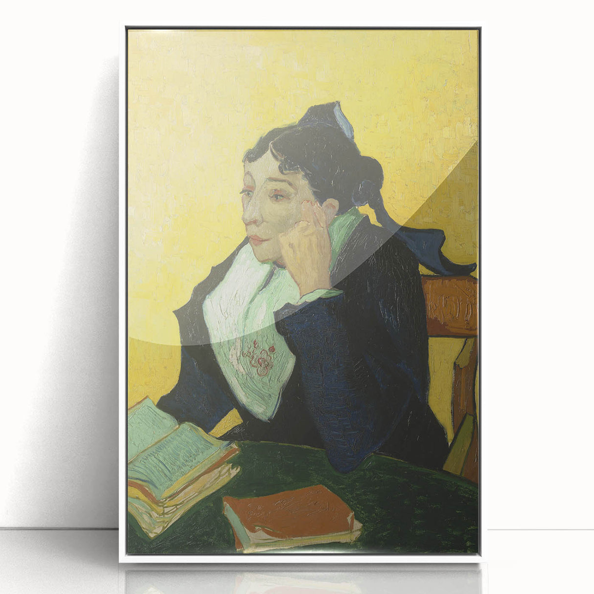 Mid-century modernist art of a starry night scene in vibrant blues and yellows on a white acrylic frame.