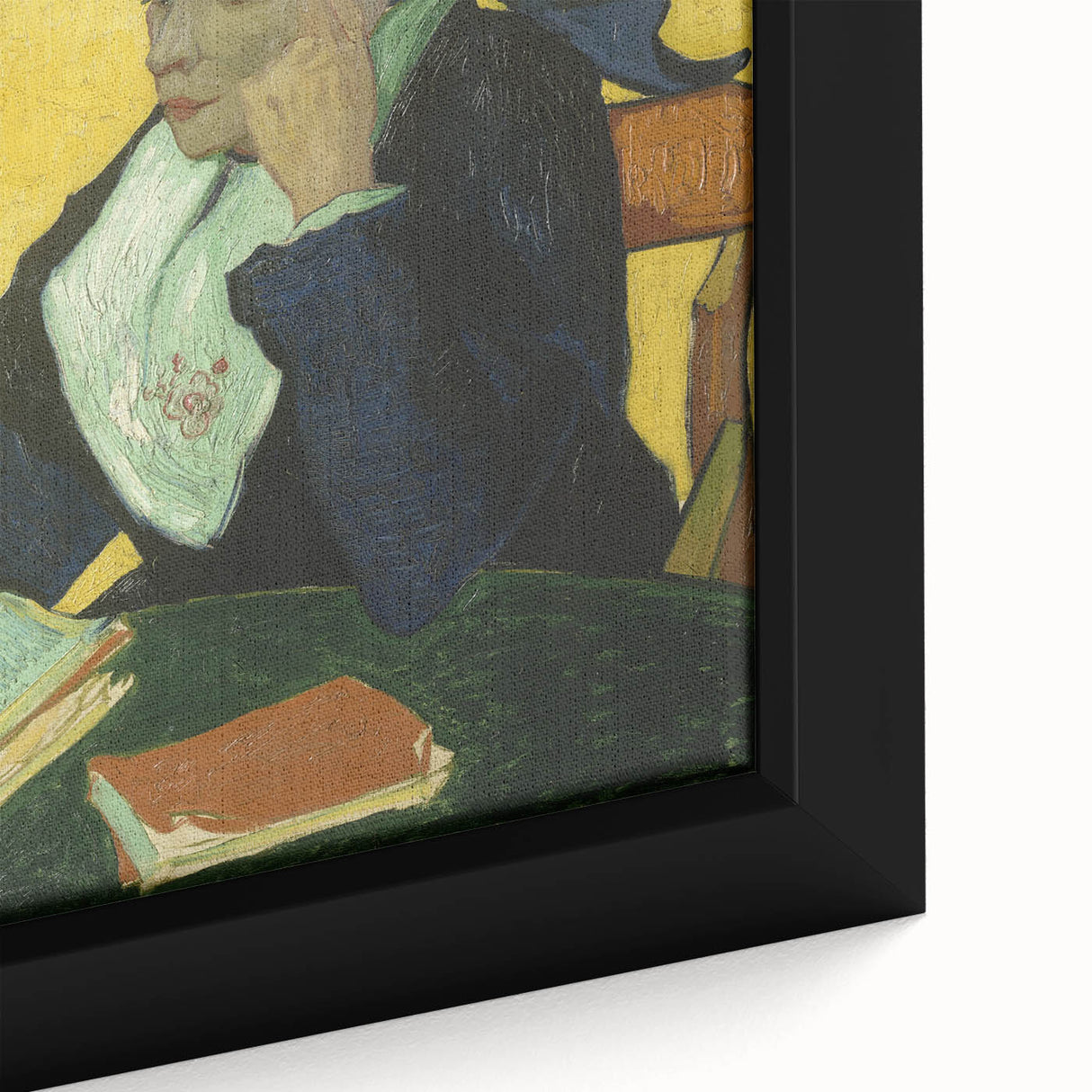 Close-up of a framed canvas depicting a Van Gogh-inspired scene in textured, colorful art on a black background.