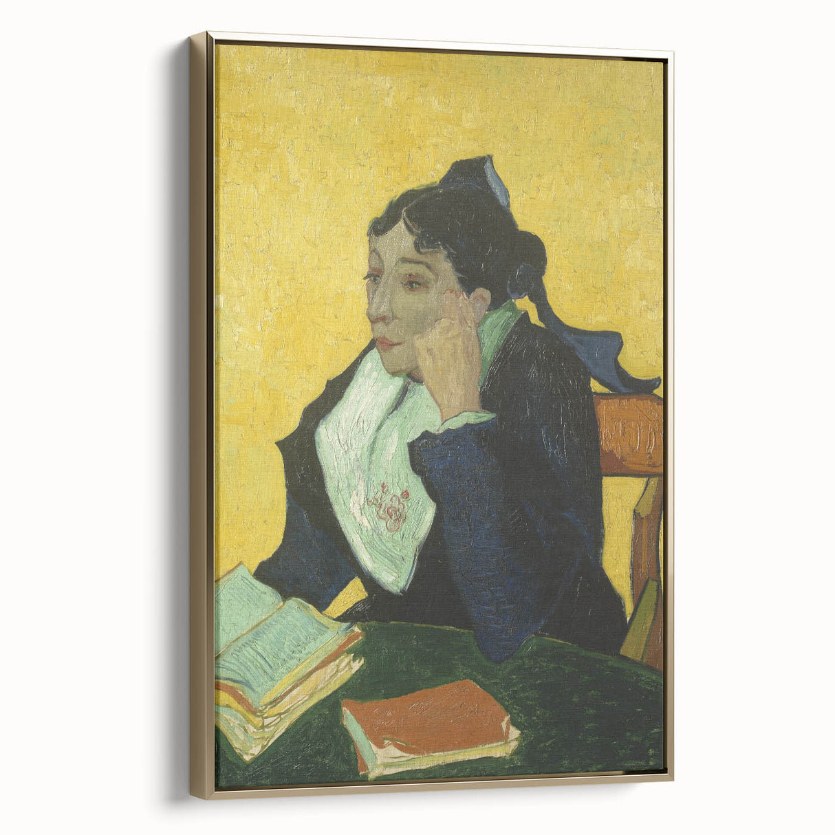 Vincent van Gogh-inspired landscape painting on a gold-framed canvas, featuring dark tones, ideal for bedroom wall art.