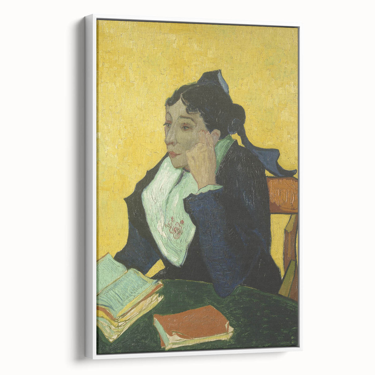 Vintage poster art of Van Gogh's painting on a framed canvas, featuring vibrant colors against a black background.