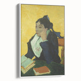 Vintage poster art of Van Gogh's painting on a framed canvas, featuring vibrant colors against a black background.