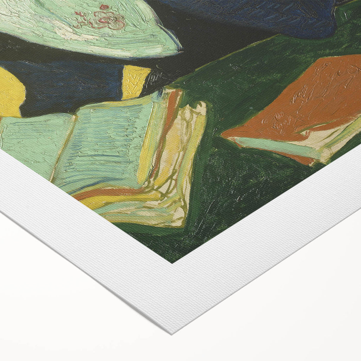 Art deco poster featuring a stylized Van Gogh portrait in bold blue and yellow tones on rolled canvas.