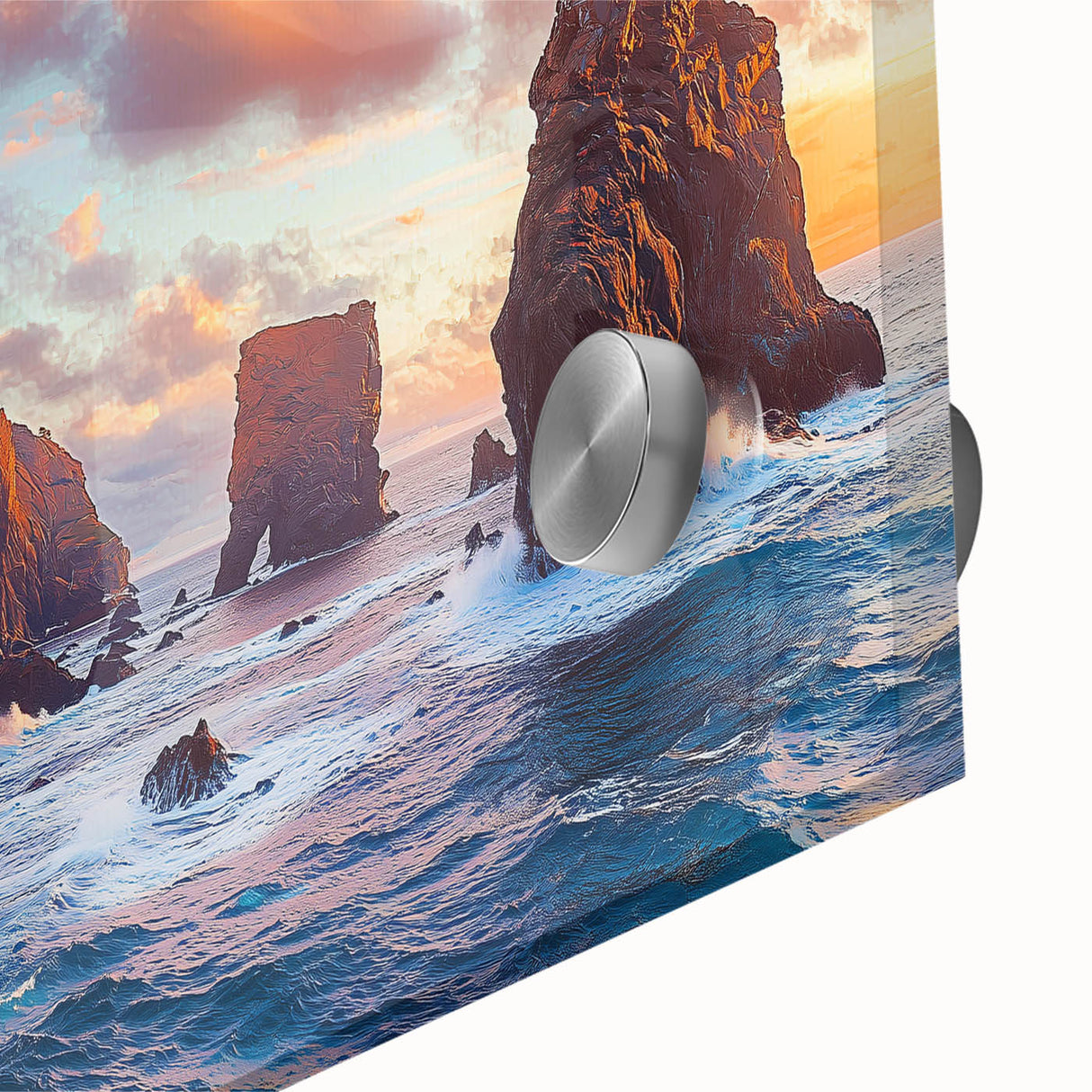 Close-up of a vibrant acrylic landscape artwork showcasing dramatic cliffs and vivid colors, perfect for modern decor enthusiasts seeking nature-inspired designs.